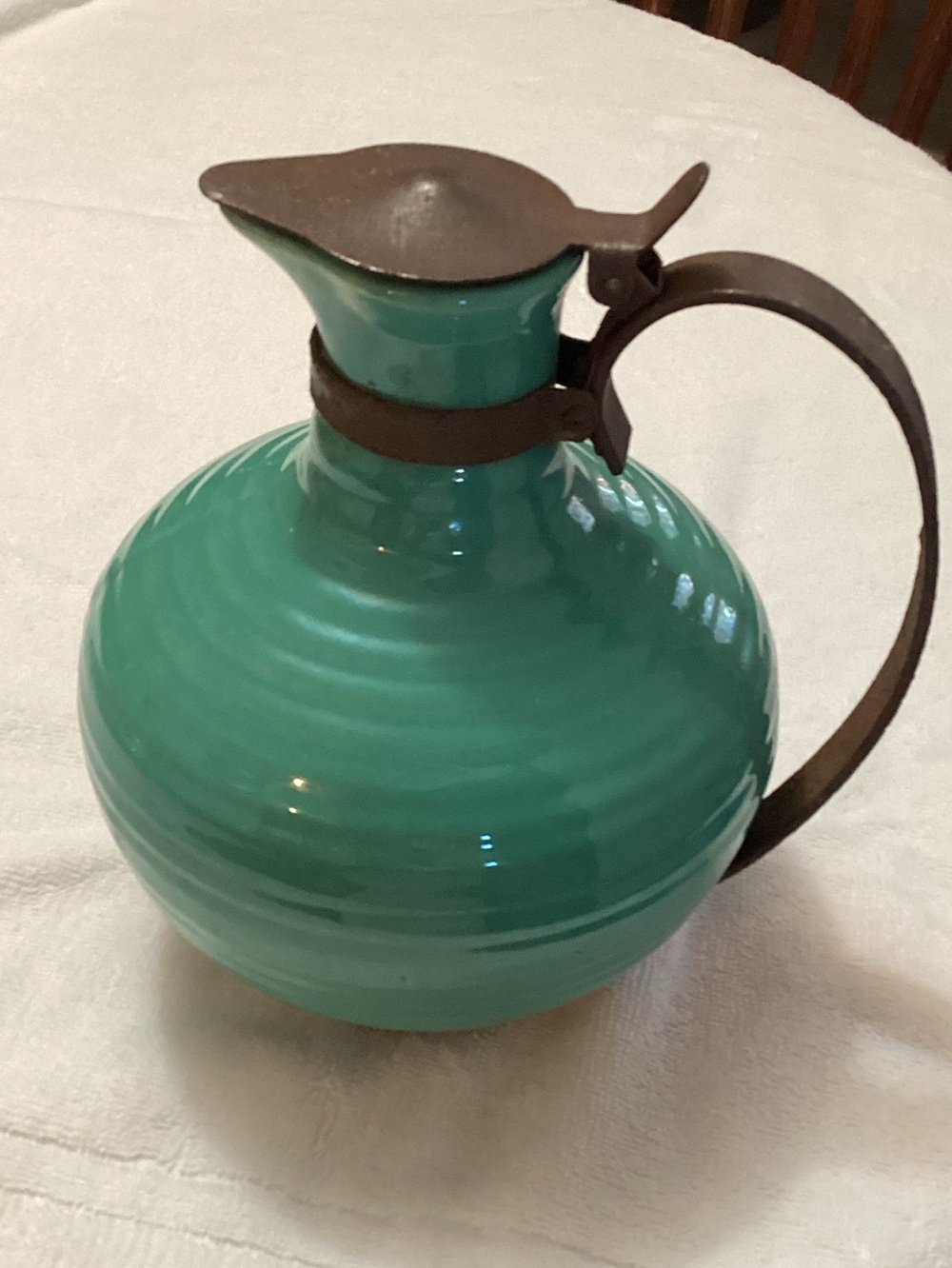 Vintage Bauer Pottery Jade Green Ringware Carafe with copper handle